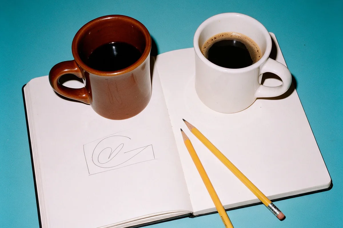 Two cups of coffee on an open sketchbook