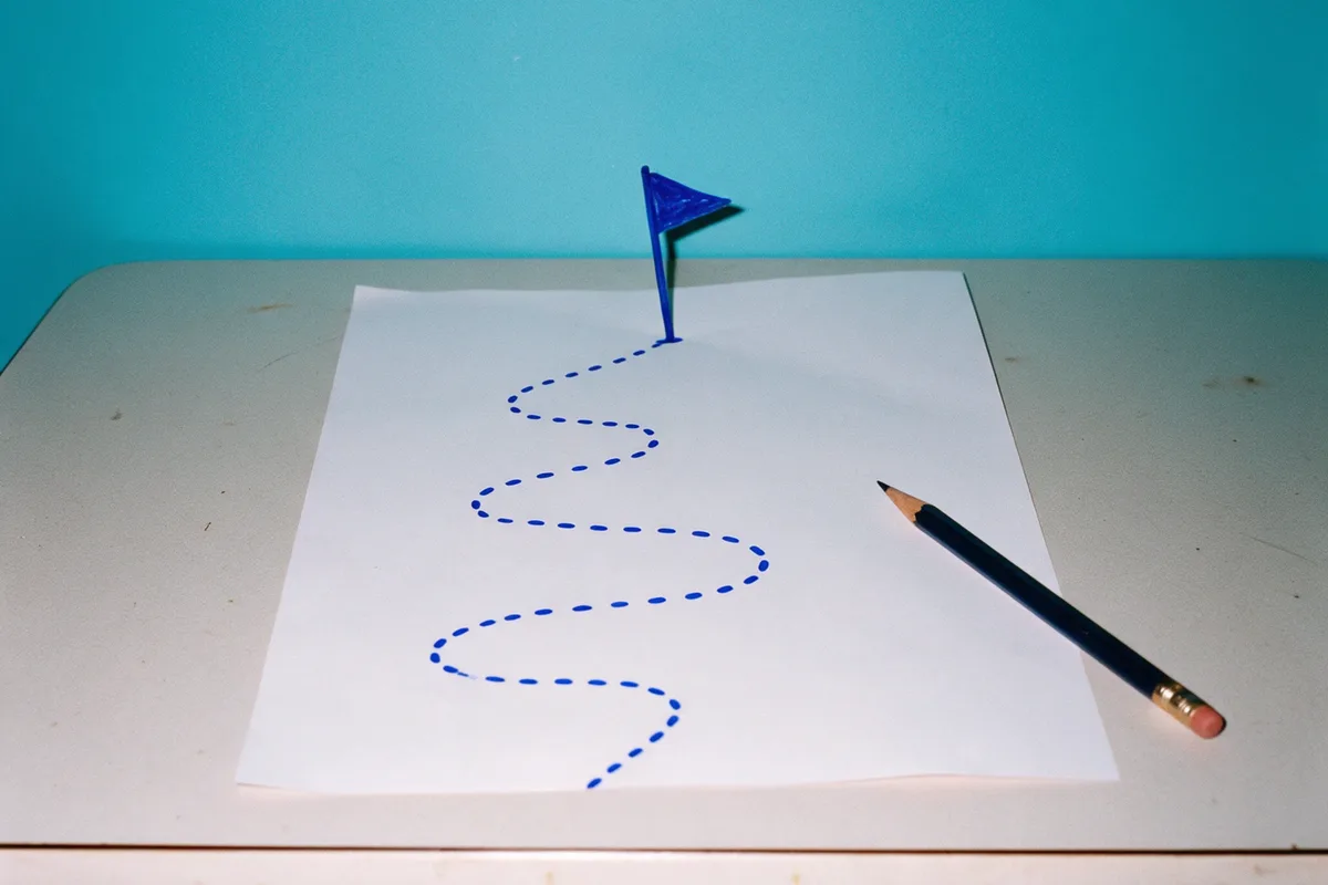 A dotted path drawn on paper, leading up to a small flag
